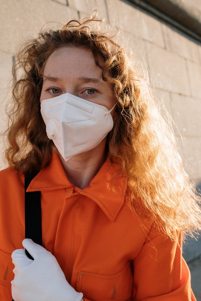 Portrait of a woman in an orange uniform wearing a face mask outdoors.